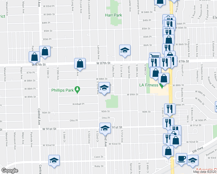 map of restaurants, bars, coffee shops, grocery stores, and more near 5163 West 88th Place in Oak Lawn
