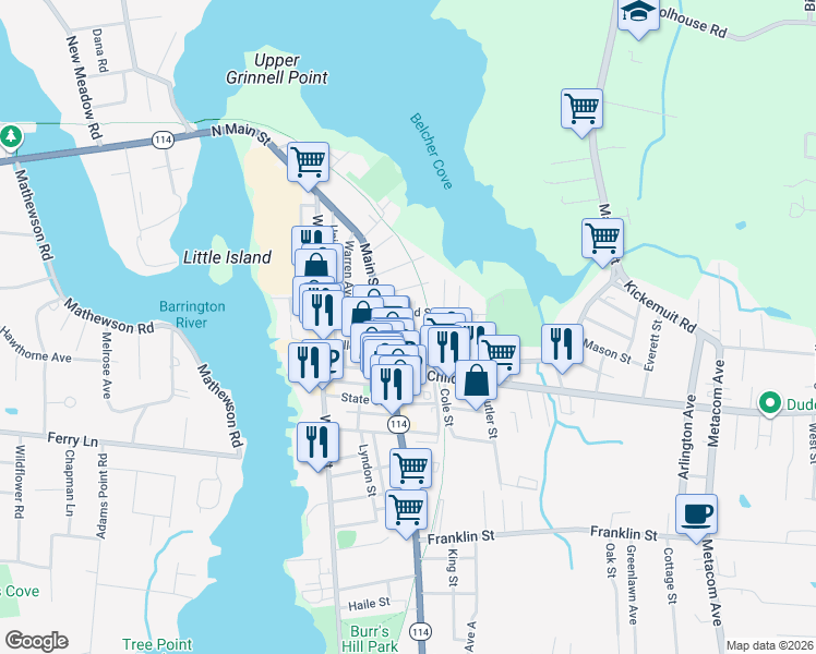 map of restaurants, bars, coffee shops, grocery stores, and more near 24 Barney Street in Warren