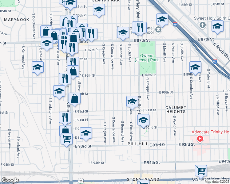map of restaurants, bars, coffee shops, grocery stores, and more near 8959 South Constance Avenue in Chicago