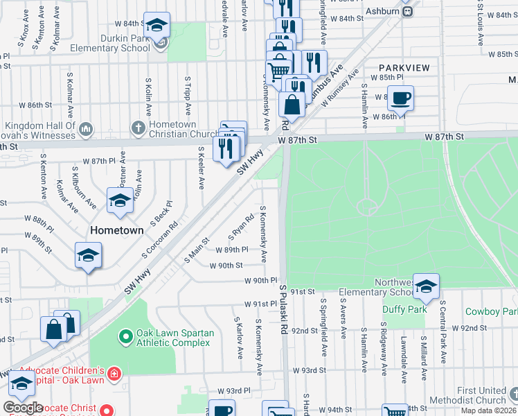 map of restaurants, bars, coffee shops, grocery stores, and more near 8838 South Ryan Road in Hometown