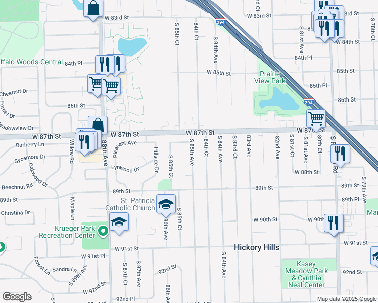 map of restaurants, bars, coffee shops, grocery stores, and more near 8500 Colette Lane in Hickory Hills
