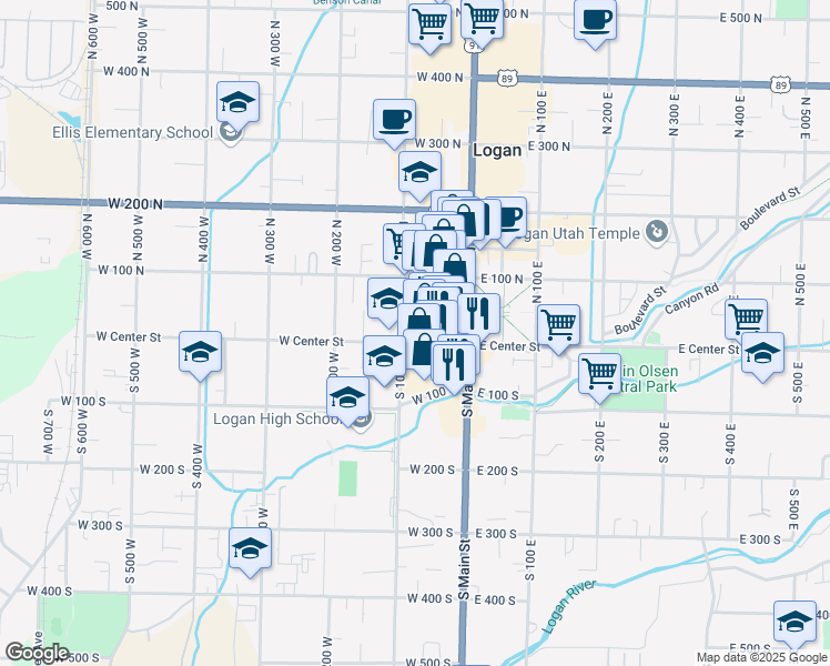 map of restaurants, bars, coffee shops, grocery stores, and more near 87 West Center Street in Logan