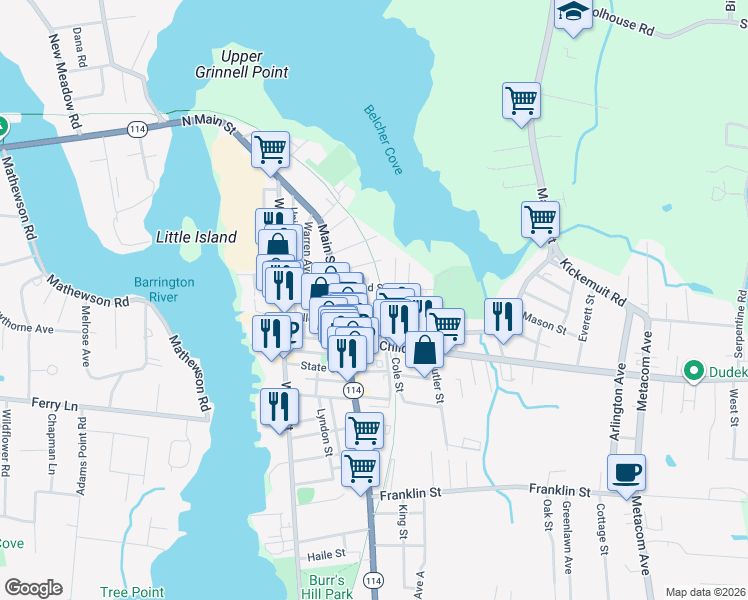 map of restaurants, bars, coffee shops, grocery stores, and more near 19 Barney Street in Warren