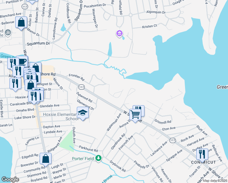 map of restaurants, bars, coffee shops, grocery stores, and more near 15 Woodridge Drive in Warwick