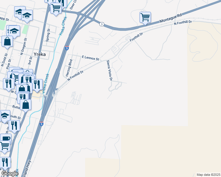 map of restaurants, bars, coffee shops, grocery stores, and more near 801 Sierra Vista Way in Yreka