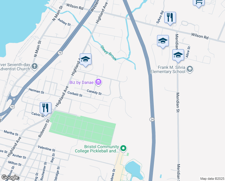 map of restaurants, bars, coffee shops, grocery stores, and more near 35 Courtney Street in Fall River