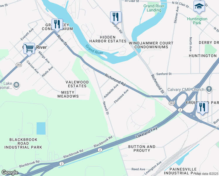 map of restaurants, bars, coffee shops, grocery stores, and more near 36 Adelaide Avenue in Painesville