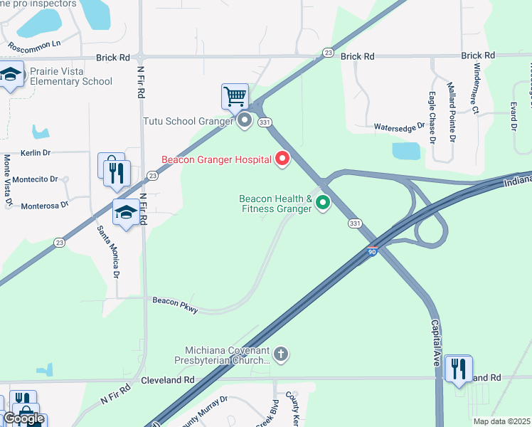 map of restaurants, bars, coffee shops, grocery stores, and more near 52334 Beacon Parkway in Granger