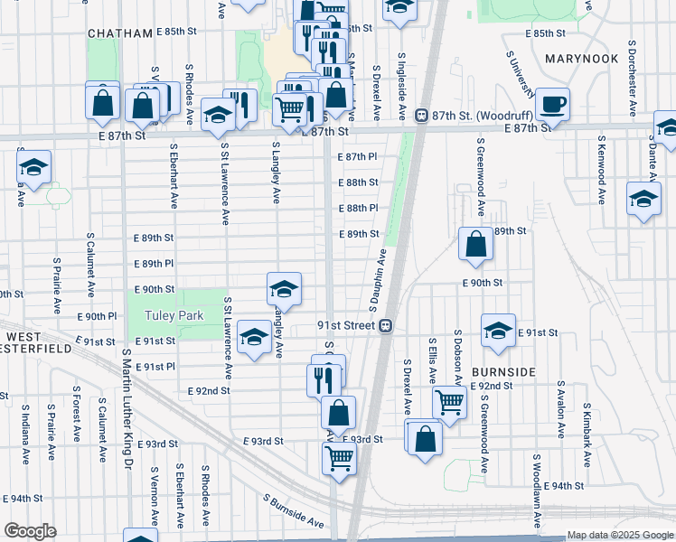 map of restaurants, bars, coffee shops, grocery stores, and more near 8943 South Cottage Grove Avenue in Chicago