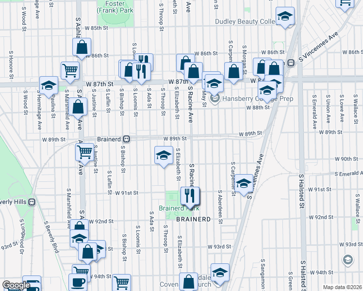 map of restaurants, bars, coffee shops, grocery stores, and more near 8925 South Elizabeth Street in Chicago