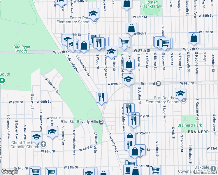 map of restaurants, bars, coffee shops, grocery stores, and more near 8919 South Hermitage Avenue in Chicago