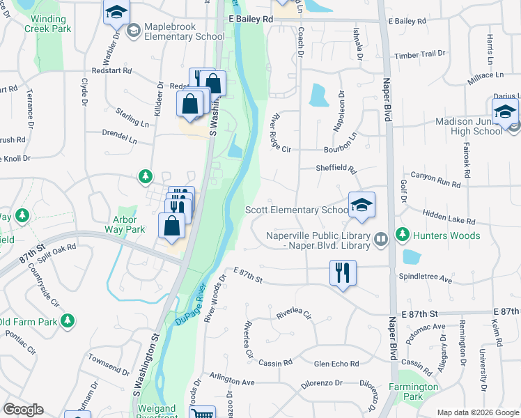 map of restaurants, bars, coffee shops, grocery stores, and more near 322 Carriage Hill Road in Naperville