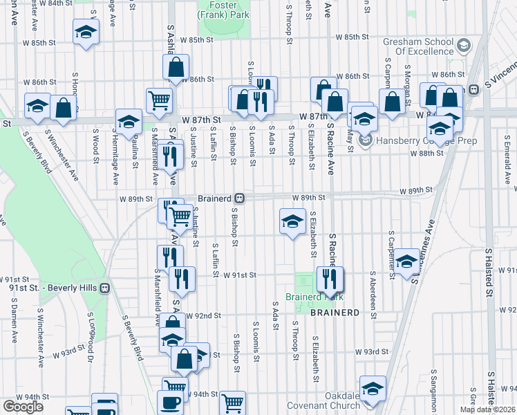 map of restaurants, bars, coffee shops, grocery stores, and more near 8915 South Loomis Street in Chicago