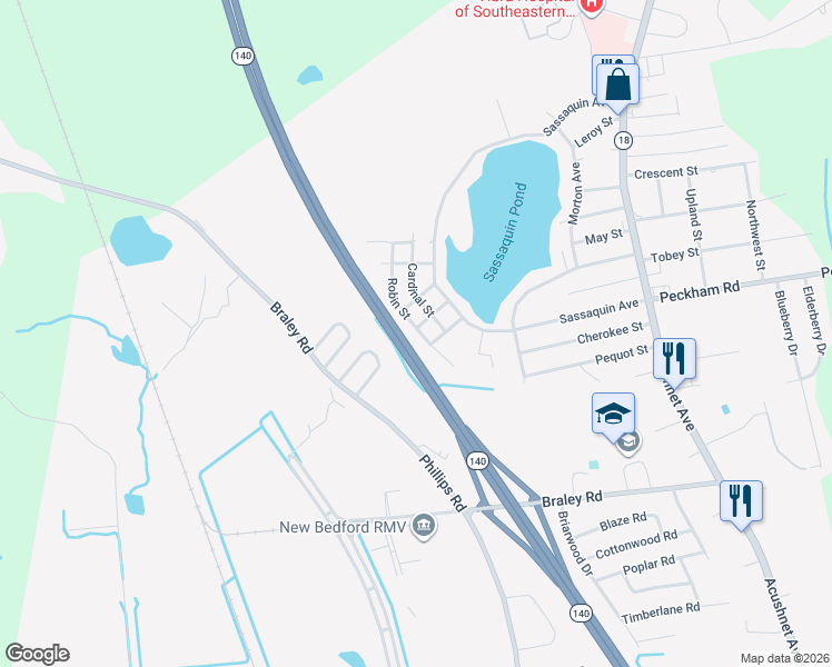 map of restaurants, bars, coffee shops, grocery stores, and more near 1220 Robin Street in New Bedford