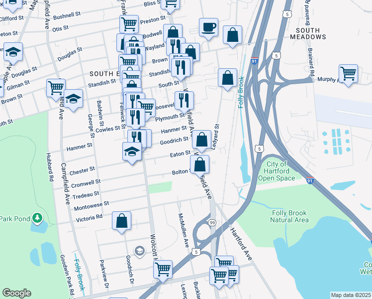 map of restaurants, bars, coffee shops, grocery stores, and more near 18 Eaton Street in Hartford