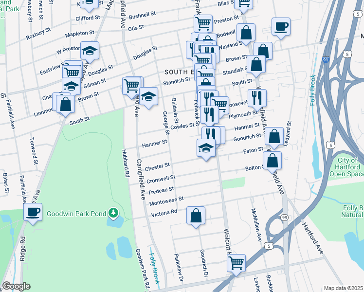 map of restaurants, bars, coffee shops, grocery stores, and more near 224 George Street in Hartford