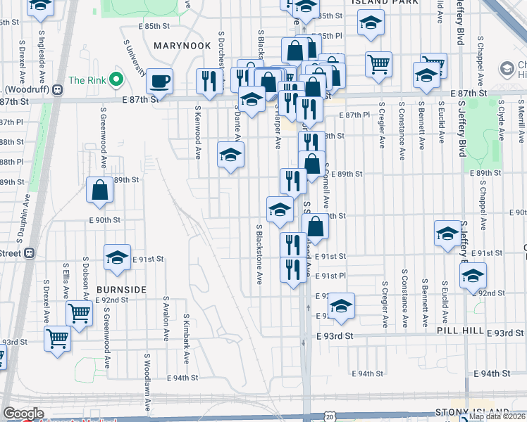map of restaurants, bars, coffee shops, grocery stores, and more near 8949 South Blackstone Avenue in Chicago