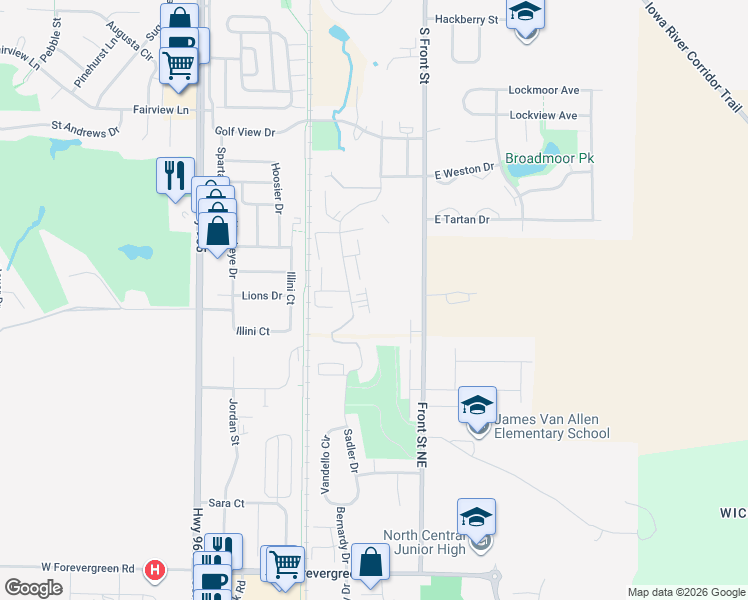 map of restaurants, bars, coffee shops, grocery stores, and more near 1080 Rachael Street in North Liberty