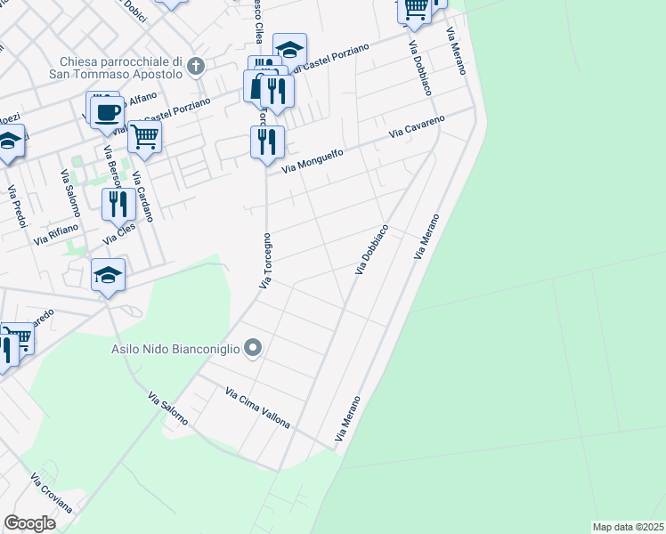 map of restaurants, bars, coffee shops, grocery stores, and more near 27 Via Strigno in Città metropolitana di Roma Capitale