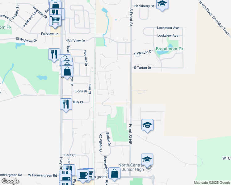 map of restaurants, bars, coffee shops, grocery stores, and more near 1080 Rachael Street in North Liberty