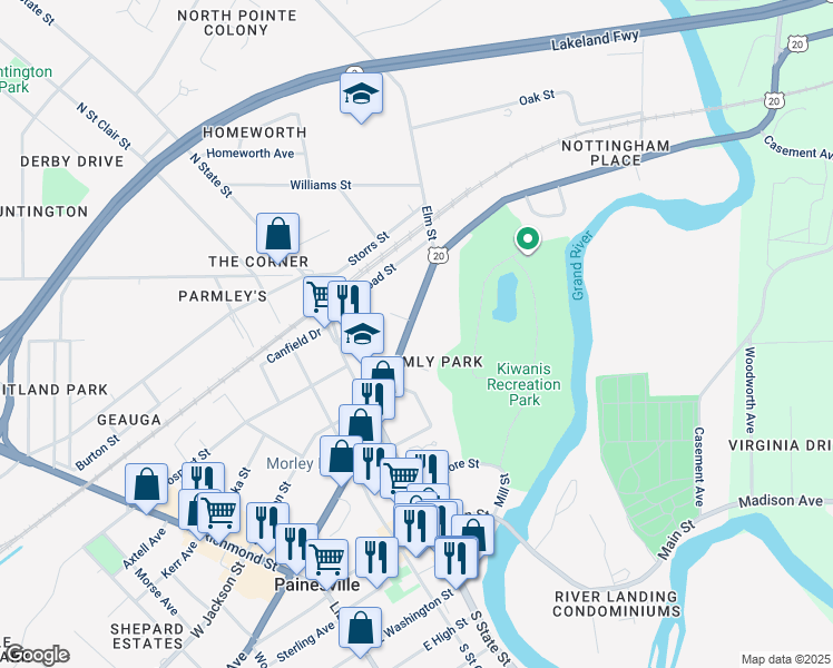 map of restaurants, bars, coffee shops, grocery stores, and more near 424 East Erie Street in Painesville