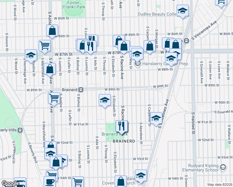 map of restaurants, bars, coffee shops, grocery stores, and more near 8925 South Elizabeth Street in Chicago