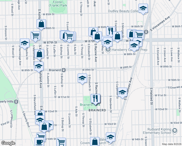 map of restaurants, bars, coffee shops, grocery stores, and more near 8917 South Elizabeth Street in Chicago