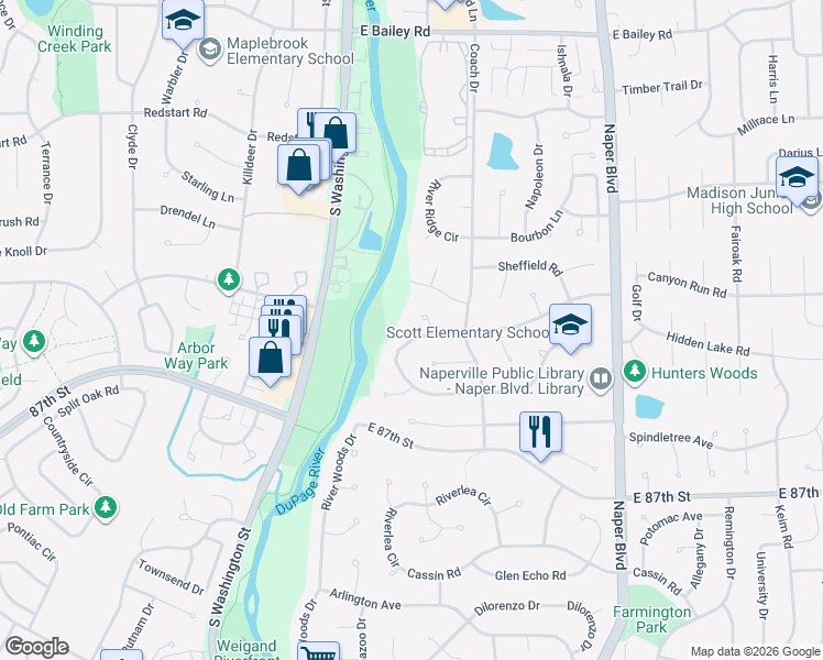 map of restaurants, bars, coffee shops, grocery stores, and more near 322 Carriage Hill Road in Naperville