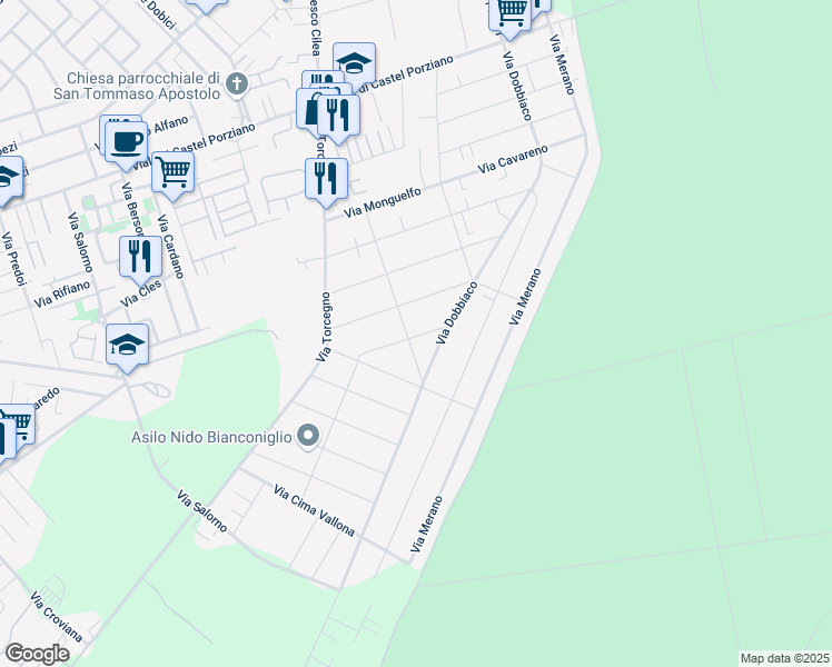 map of restaurants, bars, coffee shops, grocery stores, and more near 27 Via Strigno in Città metropolitana di Roma Capitale