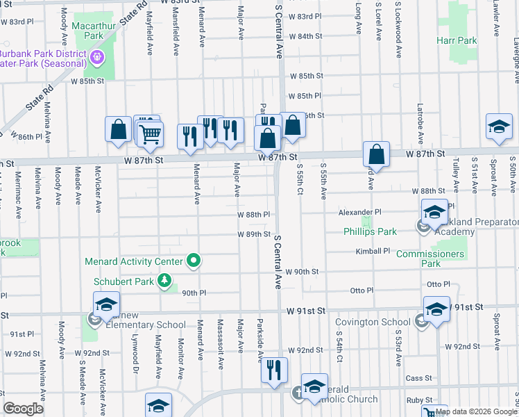 map of restaurants, bars, coffee shops, grocery stores, and more near 5614 West 88th Place in Oak Lawn
