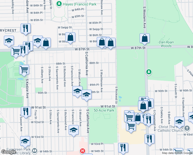 map of restaurants, bars, coffee shops, grocery stores, and more near 2720 West 89th Street in Evergreen Park