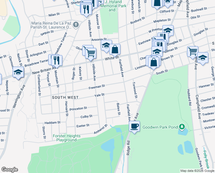 map of restaurants, bars, coffee shops, grocery stores, and more near 151 Freeman Street in Hartford