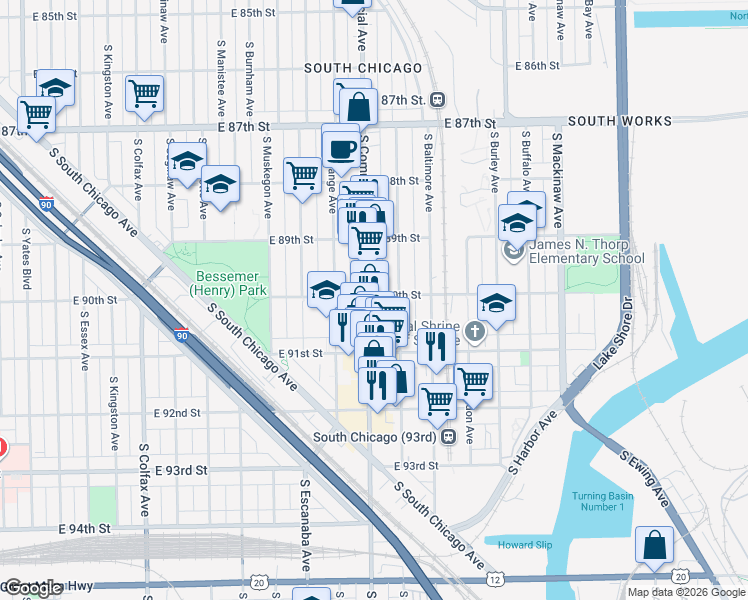 map of restaurants, bars, coffee shops, grocery stores, and more near 9001 South Commercial Avenue in Chicago