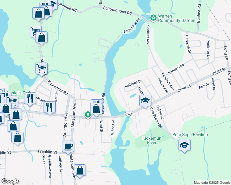 map of restaurants, bars, coffee shops, grocery stores, and more near 510 Child Street in Warren