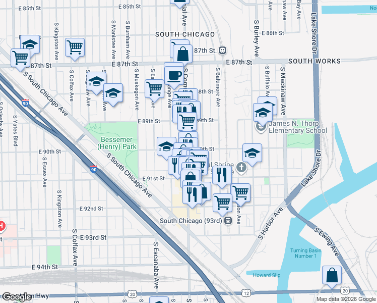 map of restaurants, bars, coffee shops, grocery stores, and more near 9010 South Houston Avenue in Chicago