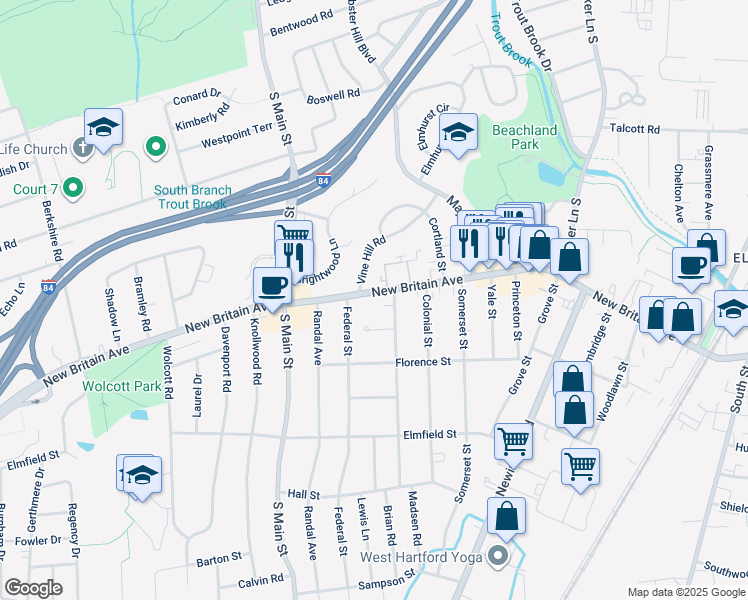 map of restaurants, bars, coffee shops, grocery stores, and more near 1207 New Britain Avenue in West Hartford