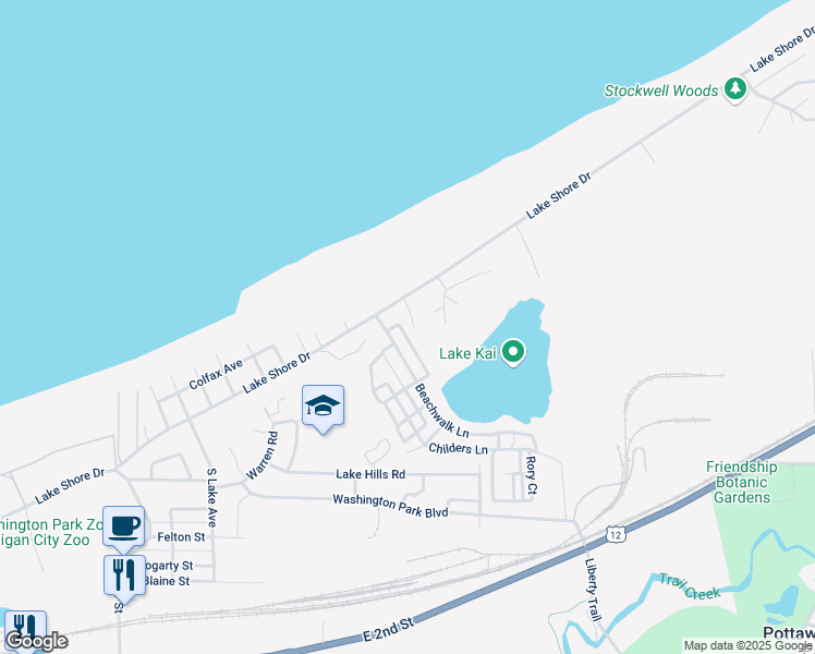 map of restaurants, bars, coffee shops, grocery stores, and more near Moss Parkway in Michigan City