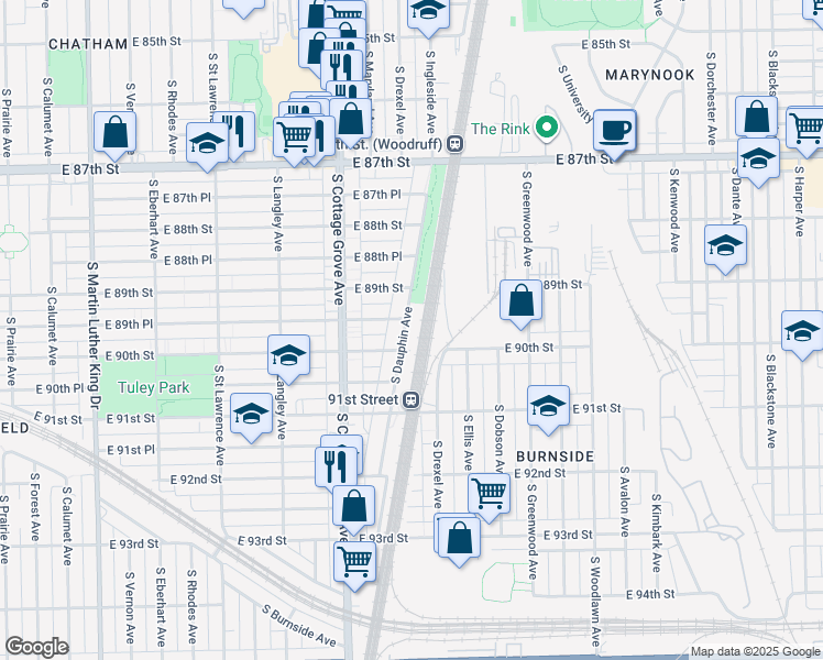 map of restaurants, bars, coffee shops, grocery stores, and more near 8939 South Dauphin Avenue in Chicago