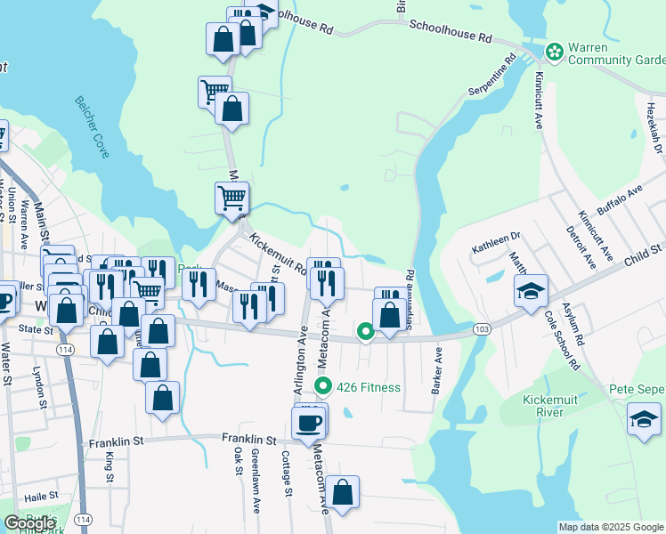 map of restaurants, bars, coffee shops, grocery stores, and more near 278 Metacom Avenue in Warren