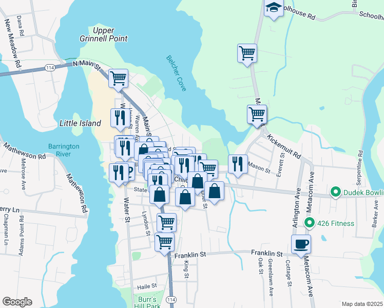 map of restaurants, bars, coffee shops, grocery stores, and more near 21 Federal Street in Warren