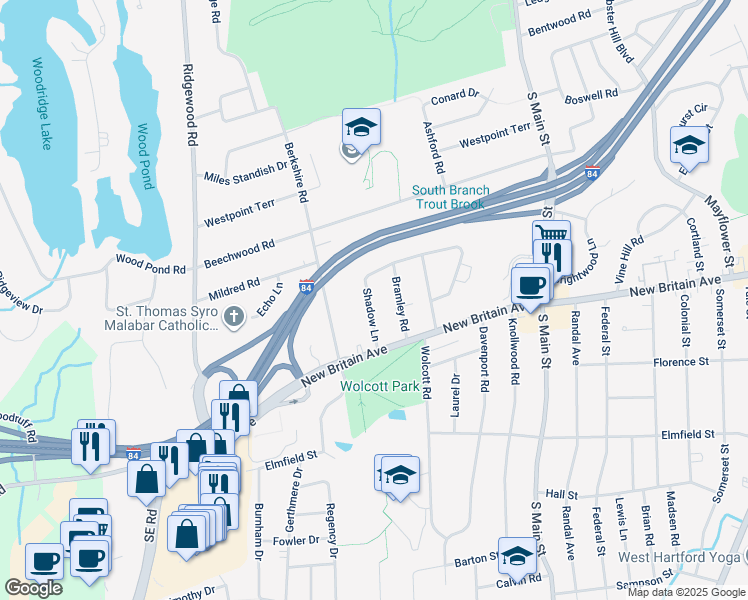 map of restaurants, bars, coffee shops, grocery stores, and more near 15 Bramley Road in West Hartford