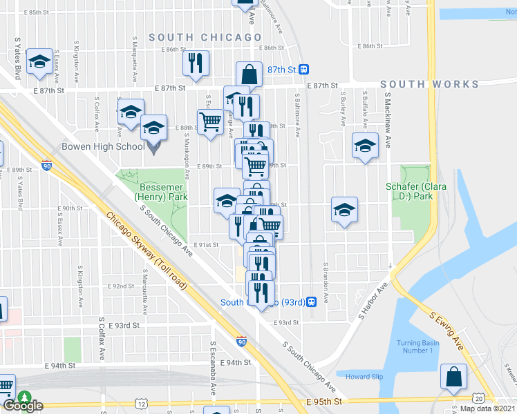 map of restaurants, bars, coffee shops, grocery stores, and more near 9010 South Houston Avenue in Chicago