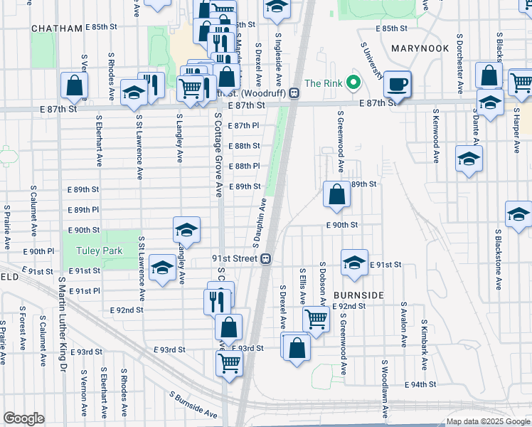 map of restaurants, bars, coffee shops, grocery stores, and more near 8939 South Dauphin Avenue in Chicago