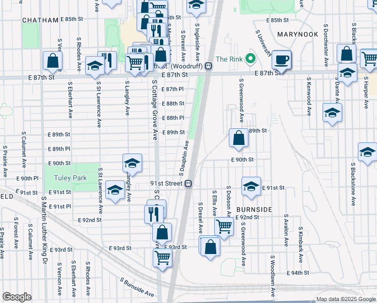 map of restaurants, bars, coffee shops, grocery stores, and more near 8935 South Dauphin Avenue in Chicago