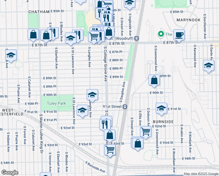 map of restaurants, bars, coffee shops, grocery stores, and more near 8943 South Cottage Grove Avenue in Chicago