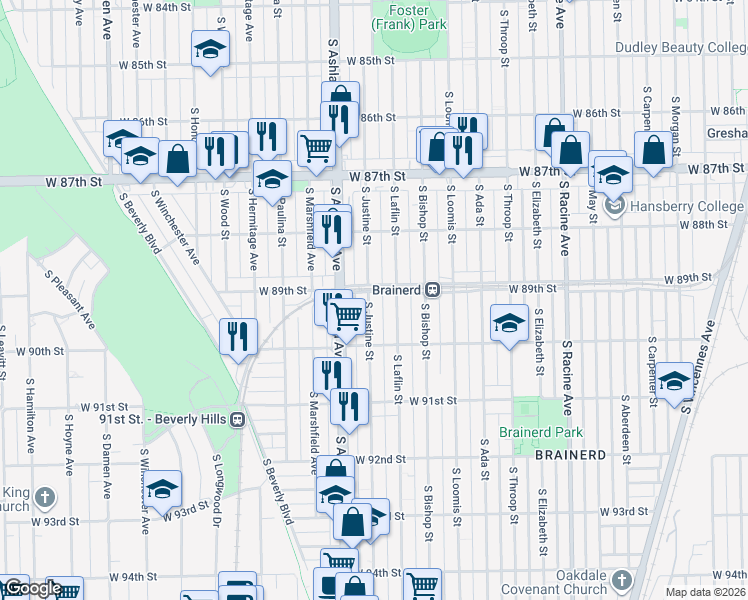 map of restaurants, bars, coffee shops, grocery stores, and more near 8921 South Justine Street in Chicago