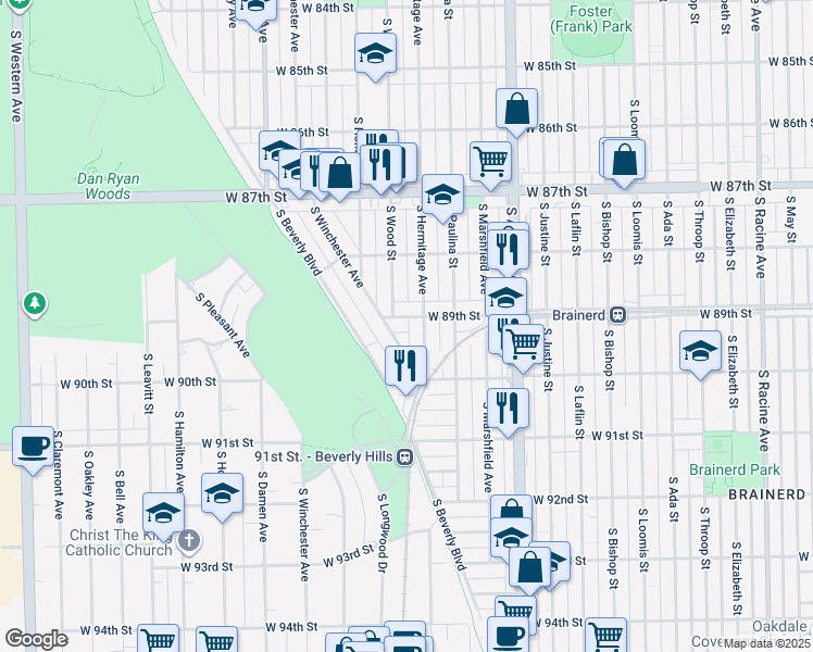 map of restaurants, bars, coffee shops, grocery stores, and more near 8919 South Winchester Avenue in Chicago