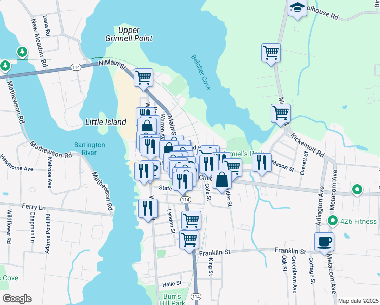 map of restaurants, bars, coffee shops, grocery stores, and more near 28 Barney Street in Warren