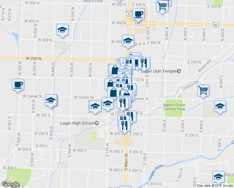 map of restaurants, bars, coffee shops, grocery stores, and more near 55 West Center Street in Logan