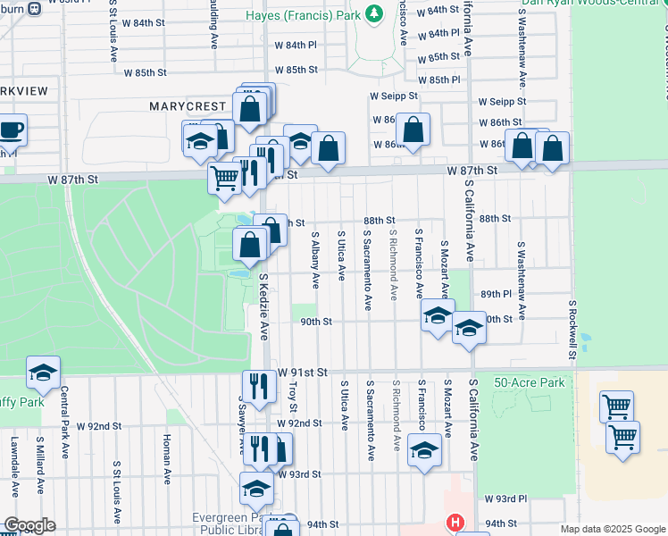 map of restaurants, bars, coffee shops, grocery stores, and more near 8900 South Utica Avenue in Evergreen Park